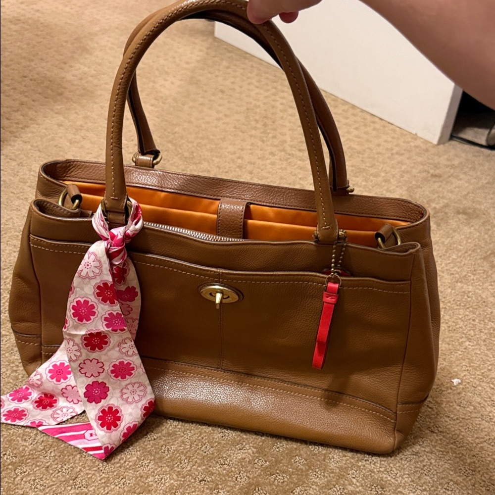 Coach Tan Leather Satchel with Pink Floral Scarf